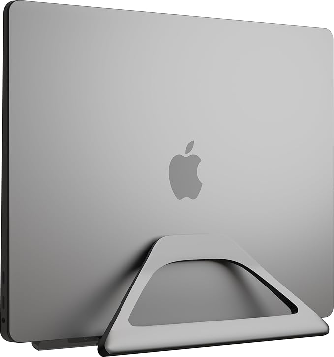 Elestoria Aluminum Vertical Laptop Stand with Gravity Auto-Lock – Adjustable Laptop Holder Vertical fits MacBook Pro/Air, Chromebook & Gaming Laptops up to 17.3" – Space-Saving Desktop Dock - Grey