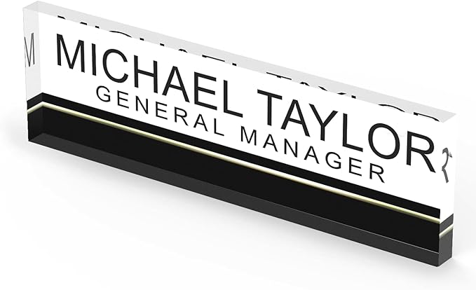 Artblox Personalized Office Desk Name Plate and Business Card Holder | Clear Acrylic Glass with Teak Wood Stand | Black Stripe Design Customized with Your Name and Credentials Office Desk Decor