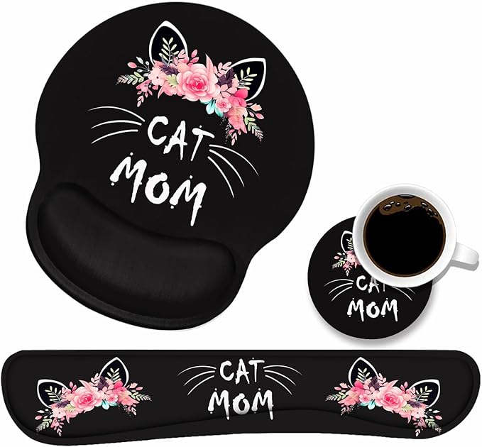 Keyboard Wrist Rest and Mouse Pad Wrist Support Set with Coasters, Non-Slip PU Base Ergonomic Gaming Mousepad for Home Office Working Studying Easy Typing & Pain Relief, Cat Mom Floral