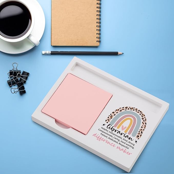 Librarian Sticky Note Holder for Desk, Appreciation Gift from Teacher Student Coworker, Motivational Rainbow Office Decor for Women Men, Thank You Desk Organizer for Library Staff TZP142