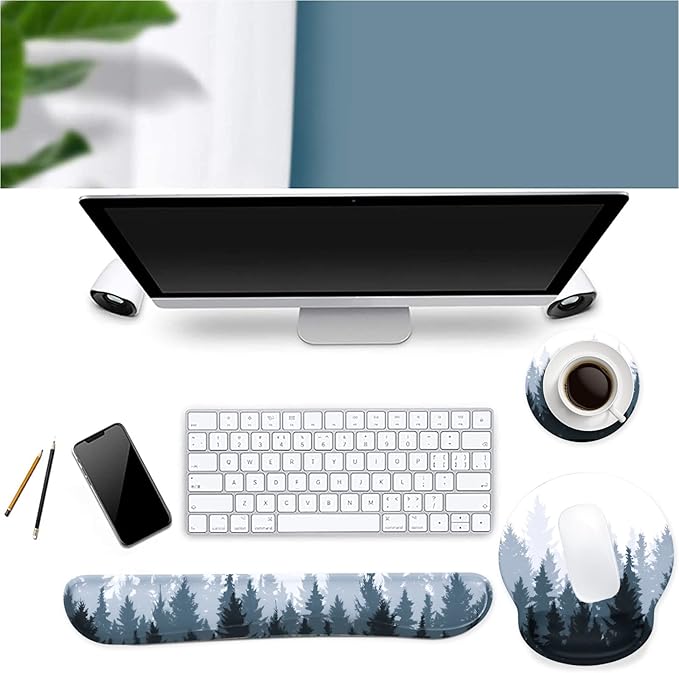 iLeadon Mouse Pad Wrist Support Keyboard Wrist Rest Set, Ergonomic Mouse Pad with Non-Slip Base for Computer Home Office + Coasters, Easy Typing & Pain Relief Mouse Mat, Forest