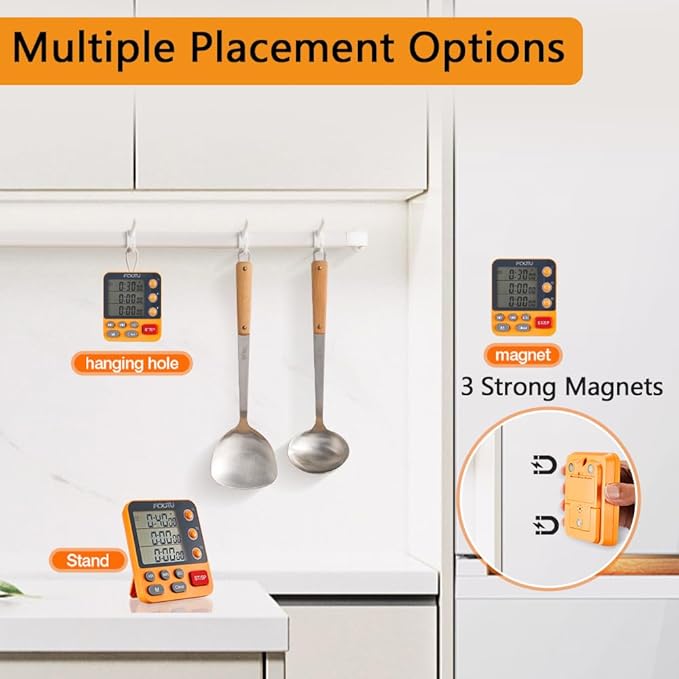 FCXJTU Digital Dual Triple Kitchen Timer, 3 Channels Magnetic Countdown Stopwatch Timer for Cooking, Loud Alarm Large Display Multi Food Memory Timer for Seniors & Teachers Battery Included (Blue)