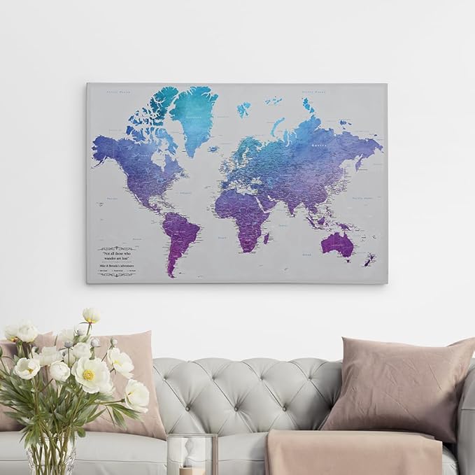 Gallery Wrapped - Vibrant Violet Watercolor World Push Pin Travel Map with pins