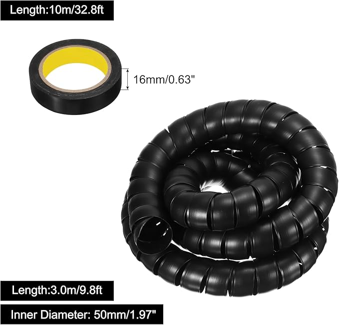 MECCANIXITY Spiral Cable Wrap 9.8ft/3.0M 50mm Cable Management Sleeve PP Insulation Cord Organizer for Computer Wire Power Cable Gas Pipe Black with Tape