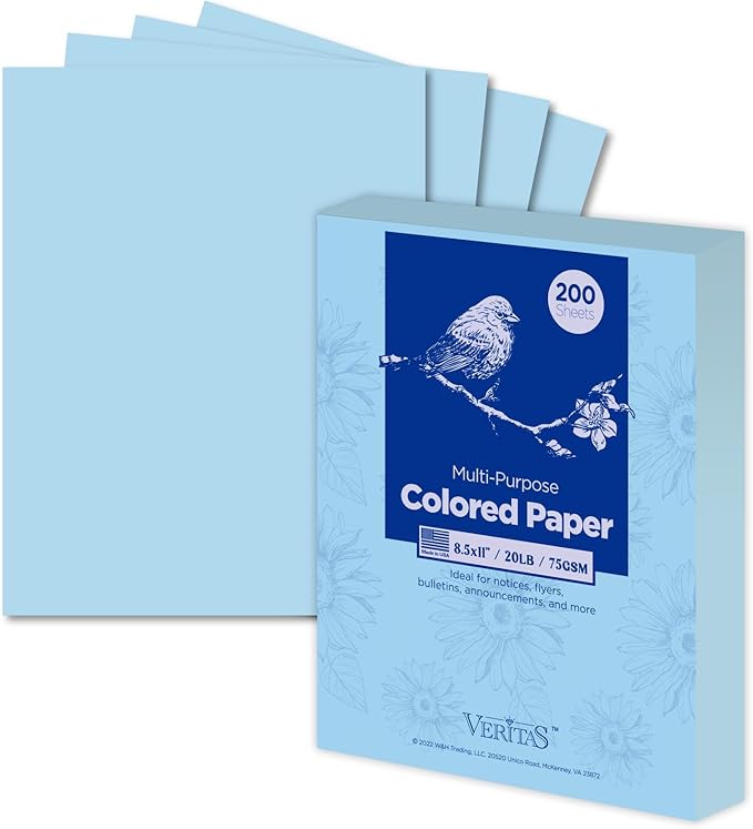 WritePads Veritas Color Copy Paper,Multi-Purpose paper,Colored Printer Paper 8.5” x 11”, 20 lb / 75 GSM,Blue,200 Sheets (1 Reams)，Made in USA