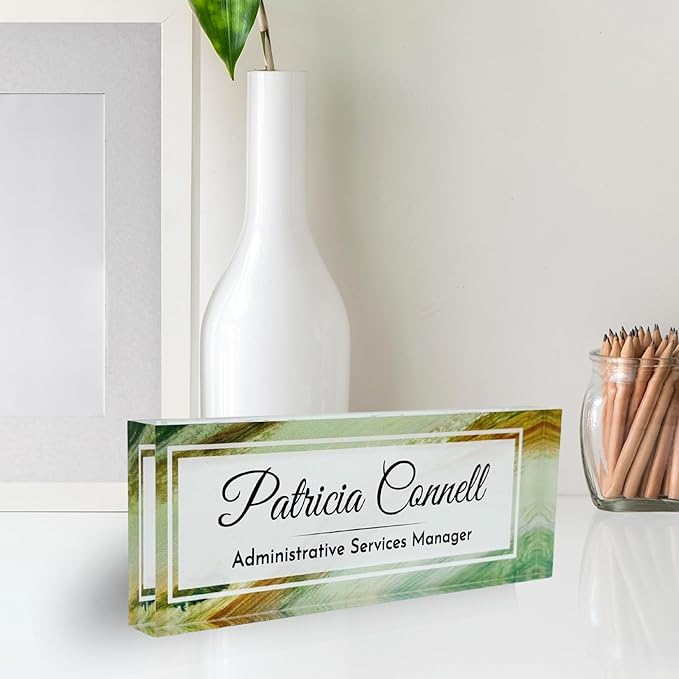 Customized Clear Acrylic Thick 8x3" Desk Name Plate Block with Personalized Logo - Professional Office Decor - Customized Acrylic Plate Gift for Teacher Co-workers, Christmas Gifts for Her, Thanksgiving Gifts (Green Wave)