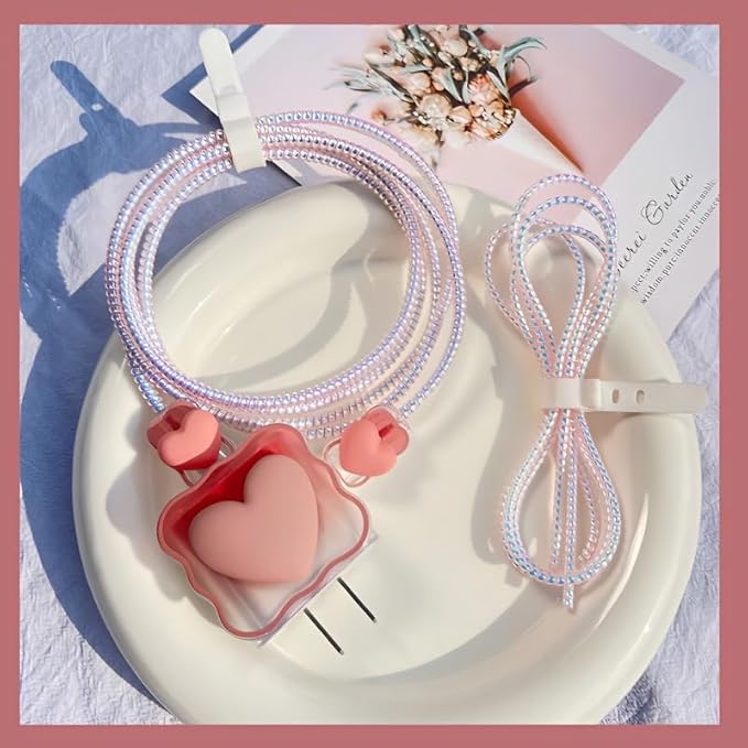 3pcs Laser Spiral Cable Protectors - Charger/USB Data Cable Sleeves | Headphone Cord Savers for Phones, Earphones | Pet Chew Prevention, Durable Cable Guards | Essential Cord Accessories (Pink)