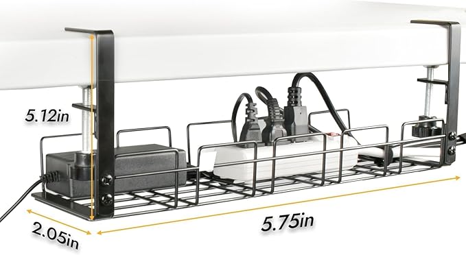 Under Desk Cable Management Tray No Drill - 15.7'' Long 5.1'' Wide Workspace Organizers, Steel Cord Organizers, 4 Cable Holder, 12 Roll Cable Organizer Straps, No Drill, No Damage to Desk(Black)