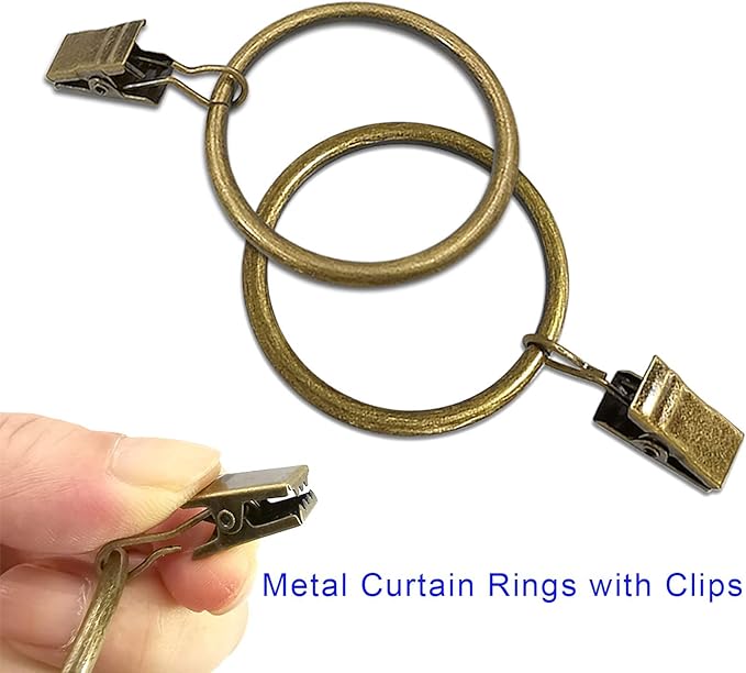 AMZSEVEN 100 Pack Metal Curtain Rings with Clips, Drapery Clips Hooks, Decorative Curtain Rod Clips 1.5 in Interior Diameter, Antique Bronze