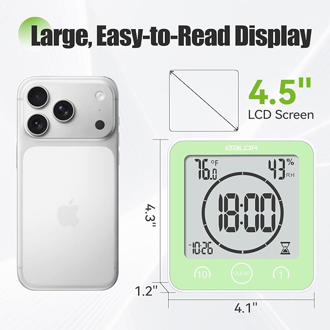 Baldr Shower Clock Waterproof Bathroom Clock with Timer/Temperature/Humidity, Digital Timers for Kids and Adults, Bath Kitchen Study, Green