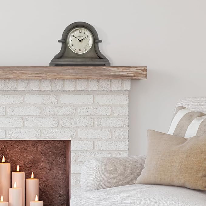 Presentime & Co. Mantel Clock Vintage Farmhouse Series, Napoleon Desk & Shelf Clock, 13 x 10 inch, Domed Lens, Quartz Movement, ABS Plastic Case, Gray Oak Finish (Home/Tabletop Decoration)