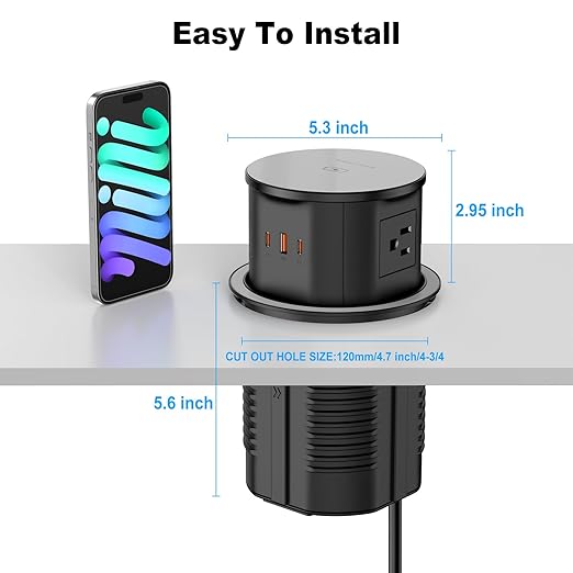 Pop Up Countertop Outlet with 15W Wireless Charger, PD 65W USB-C Ports & 4 AC Outlets, 800J Surge Protection, 4.75 inch Pop Up Electrical Outlet, 6Ft Cord for Home Office(ETL & FCC Listed)