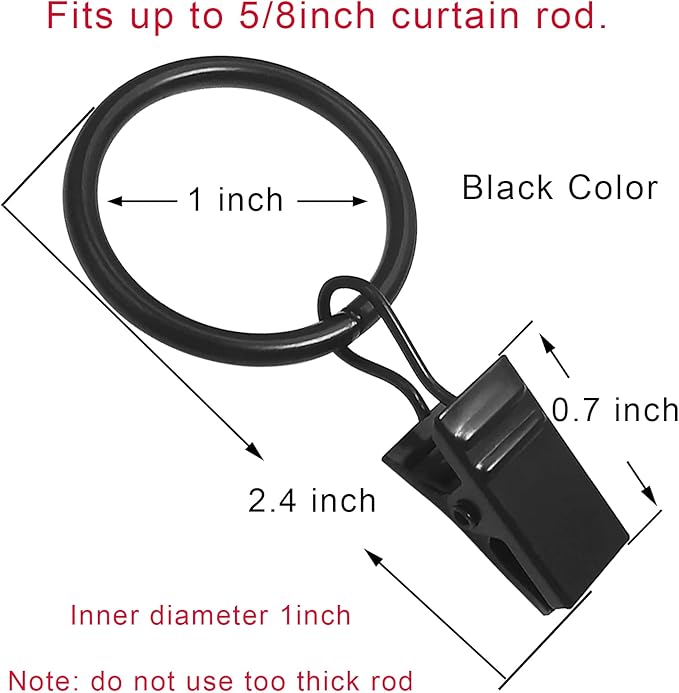 LLPJS 44 Pack Curtain Rings Hooks, Hanger Clips for Hanging Drapery Drapes Bows, 1 inch Interior Diameter, Fits up to 5/8" Rod, Black