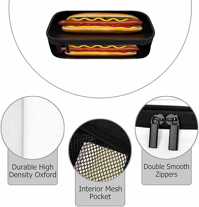 Burger Pencil Case Organizer Sausage Food Delicious Black Stationery Box Makeup Colleague Office Supply for Adults Men Women School Students Boy Girl