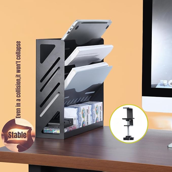 Clamp Desktop File Organizer Shelf for Office 13 Inch Wall Paper Holder Black Hanging Mail Folders, 4 Tier
