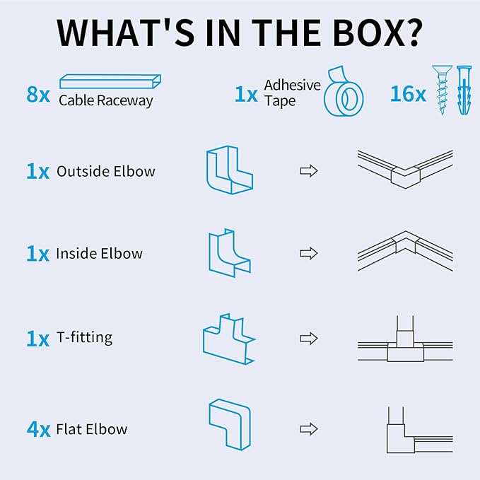 Yecaye Cord Hider, 113in Large Cord Covers for Wires on Wall, Cord Organizer for 3-4 Wires, Easy Install Cable Management Kit, TV Wire Hider for Home Office, W1.18in H0.67in, White