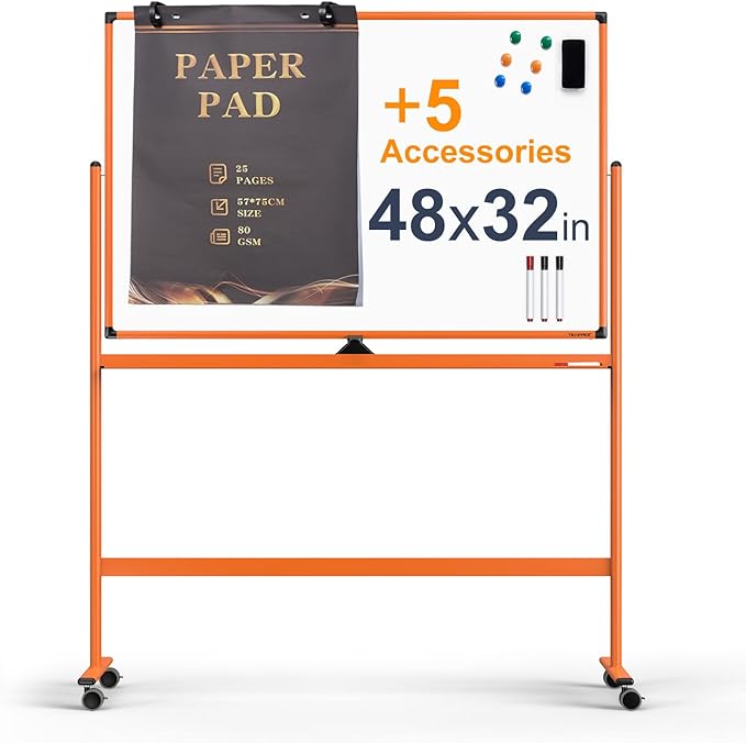 Large Dry-Erase Rolling Magnetic Whiteboard - 48 x 32 Inches Dry Erase Board with Stand Height Adjust Double Sides Mobile White Board Easel on Wheels with 25 Sheets Paper Pad Office, Home & Classroom