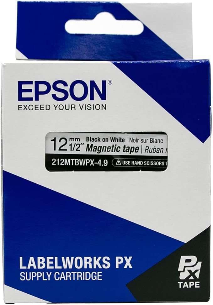 Epson LABELWORKS 212MTBWPX-4.9 Genuine Magnetic Tape Cartridge - Black on White Magnet Label Maker Tape - 1/2" (12MM) Wide, 4.9 ft, White