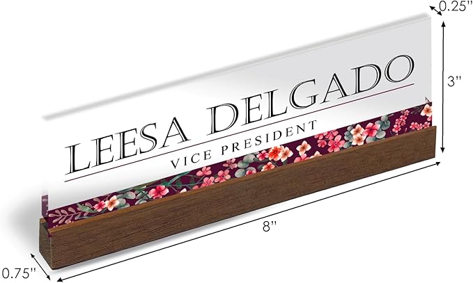 Artblox Personalized Office Desk Name Plate and Business Card Holder | Clear Acrylic Glass with Teak Wood Stand | Wild Flowers Design Customized with Your Name and Credentials Office Desk Décor