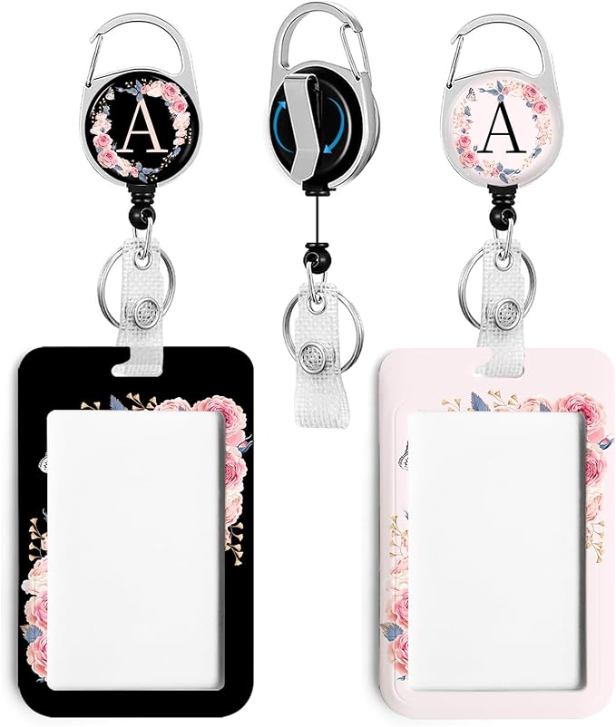 2 Pack A-Z Letter ID Badge Holder with Clip Badge Reels Retractable Heavy Duty,Keychain，ID Holder for School Nurse Office A
