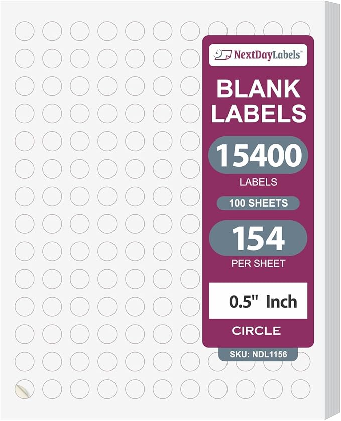 NextDayLabels – 1/2" Circle Rectangle Sticker Labels for Printer - White Laser/Inkjet Printer Labels Return Address Labels Shipping Label Stickers (100 Sheets, 154 Per Sheet, 15400 Labels)