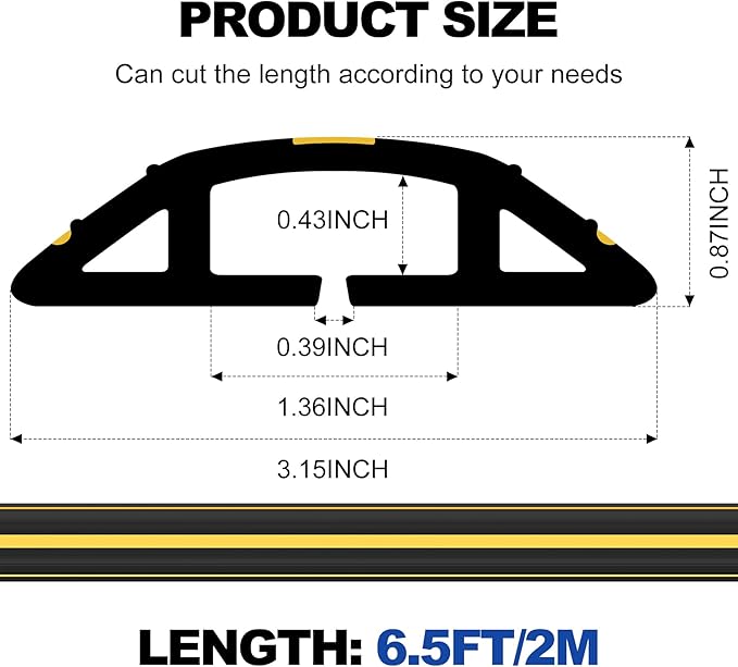 6.5Ft Cord Covers for Wires on Floor, 3-Channel Heavy Duty Floor Cord Cover with Anti-Slip Base & Yellow Warning Strips, Extension Cord Covers for Floor, Ideal for Home, Office, Outdoor Use