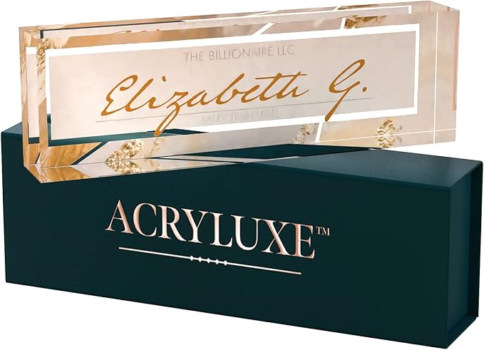 Desk Name Plate Personalized, Custom Name Plates 2½/x8 Inches, Thick Crystal-Clear Acrylic, Gift Box, Office Desk Decor. USA Made by ACRYLUXE (Monique)