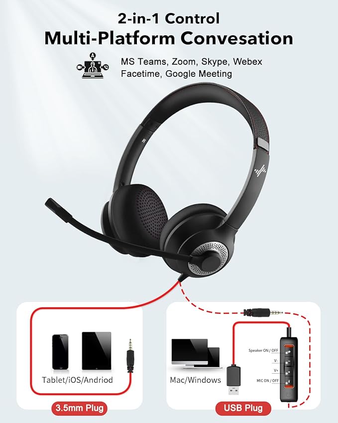 JIAMQISHI USB Headset with Microphone for PC, On-Ear Computer Laptop Headphones with Noise Cancelling Microphone in-line Control for Home Office Online Class Skype Zoom (USB+3.5mm, Black)
