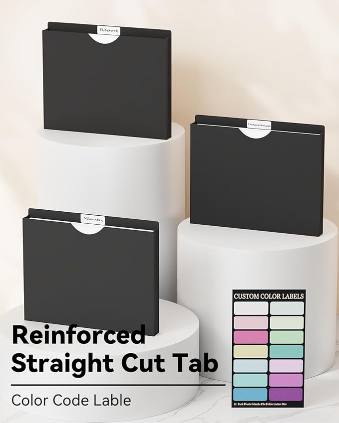 ANSOOK Plastic File Jackets & File Pockets,12 Pack Manila File Folders Letter Size,Heavy Duty Expanding Manila File Jackets, Reinforced Straight Cut Tab,1 inch File Jacket Folders