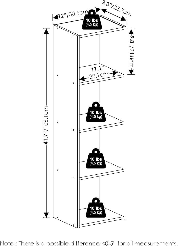Furinno PASIR Book Shelf, 4-Tier Modern Bookshelf, Open Shelves Bookcase 9 x 12 x 42, for Living Room, Bedroom, Home Office, Amber Pine