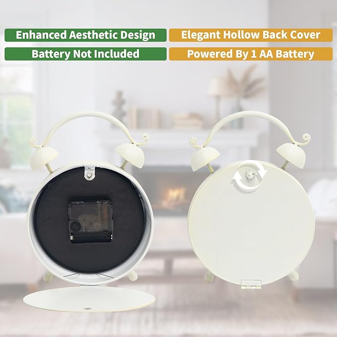 Vintage White Desk Clock with Distressed Finish, Rustic Farmhouse Table Clock, Silent Non-Ticking Mantel Clock for Bedroom, Living Room, or Shelf, Battery Operated