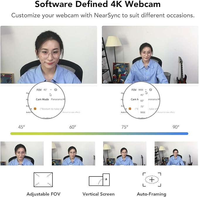 NUROUM 4K Webcam with Light for PC, Adjustable FOV, Premium CMOS Autofocus AI Auto-Framing, Noise Canceling Mics, Web Camera for PC/Laptop/Mac, for Streaming/Video Calling w/OBS/Twitch/Zoom/Teams