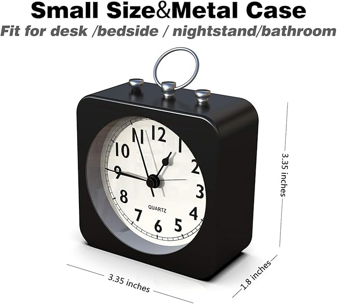 AYRELY® Battery Operated Alarm Clock,Small Retro Table Clock,Slient Metal Desk Clock with Light for Living Room Decor,Bedroom,Bedside,Shelf (Black)