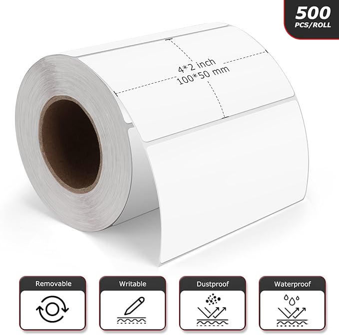 Meitaat White Rectangle Stickers 4 x 2 Inch Color Coding Labels Vinyl Roll Self-Adhesive Waterproof Removable 500 PCS