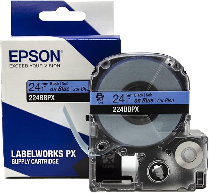 Epson LABELWORKS 224BBPX Genuine PET (Polyester) Tape Cartridge - Black on Blue Label Maker Tape - 1" (24MM) Wide, 30'