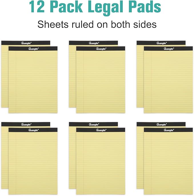 GUANGBO 12 Pack Yellow Legal Pads 8.5 x 11 College Ruled Note Pad 50 Sheets Notepads Micro Perforated Writing Pad for Work Study Daily Note Taking List