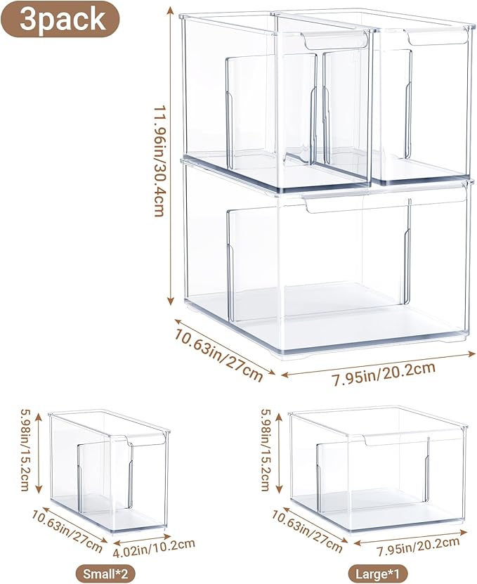 Clear Plastic Storage Bins 3 Pack, Stackable Storage Containers with Dividers, Tall 6" Thicken Storage Drawer Organizer Boxes for Pantry Kitchen Cabinets Fridge Vanity Makeup Craft C6-1