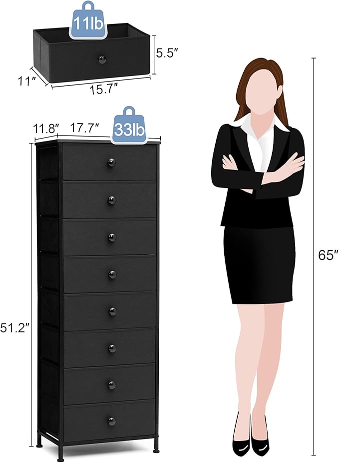 Crestlive Products Tall Dresser, 8-Drawer Fabirc Storage Tower, Chests of Drawers - Vertical Organizer Unit for Bedroom, Hallway, Entryway, Nursery, Closets - Steel Frame, Wood Top & Handles (Black)