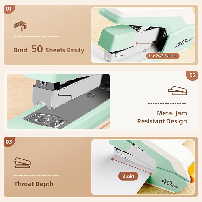 Deli Effortless Desktop Stapler, Heavy Duty Stapler, 40-50 Sheet Capacity, One Finger, No Effort, Includes 1500 Staples & Staple Remover, Green