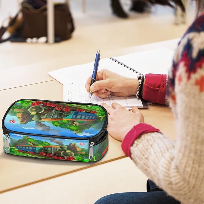 Pardick Vintage Steam Train Big Capacity Pencil Pen Case Cute Steam Train Large Pencil Pouch with Zipper Compartments Pencil Bag for Boys Girls Adults Student Office School Supplies