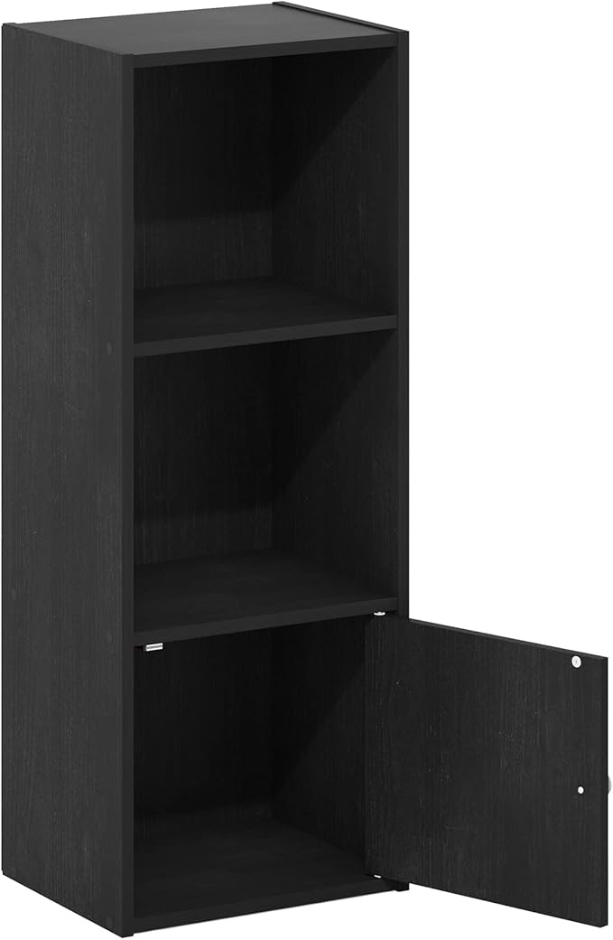 Furinno LUDER Book Shelf, 3-Tier Modern Bookshelf, Bookcase with 1 Door Storage Cabinet, 9.3 x 12 x 31.5, for Living Room, Bedroom, Home Office, Blackwood
