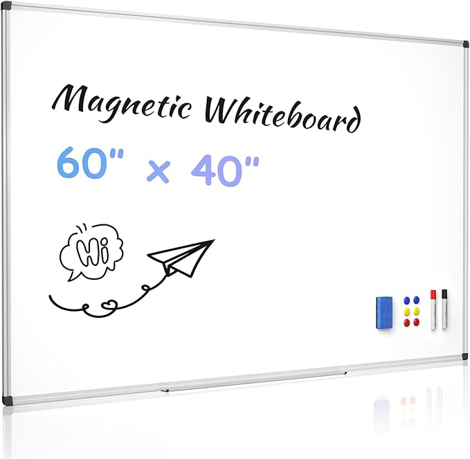 Magnetic Dry Erase Whiteboard - 40 x 60 Inch White Board - Large Wall-Mounted Board with Silver Aluminum Frame, 1 Magnetic Eraser, 2 Pens, Detachable Marker Tray, 6 Magnets