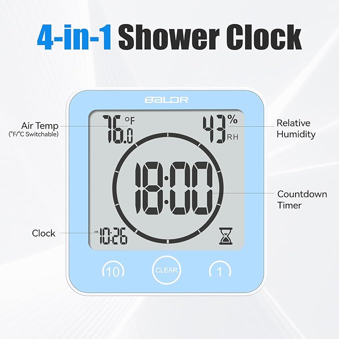 Baldr Shower Clock Waterproof Bathroom Clock with Timer/Temperature/Humidity, Digital Timers for Kids and Adults, Bath Kitchen Study, Blue