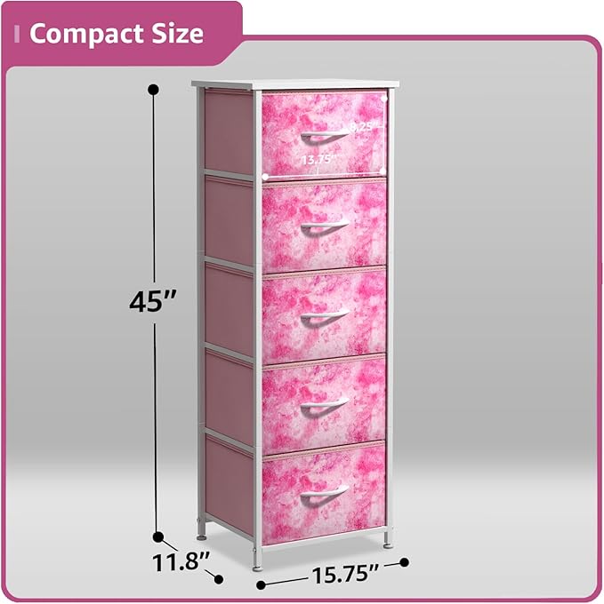 Sorbus Fabric Dresser for Kids Bedroom - Chest of 5 Drawers, Tall Storage Tower, Clothing Organizer, for Closet, for Playroom, for Nursery, Steel Frame, Fabric Bins - Wood Handle (Tie-dye Pink)