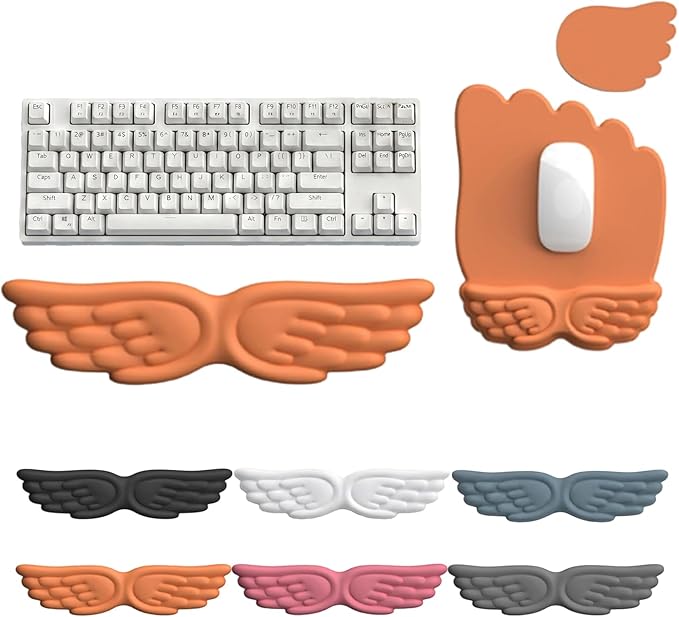 Angel Wing Keyboard Wrist Rest Set, 3 Piece Cloud Wrist Rest for Computer Keyboard with Mouse Wrist Rest and Coaster, PU Leather Memory Foam Wrist Support for Office, Home and Gaming (Orange - A)