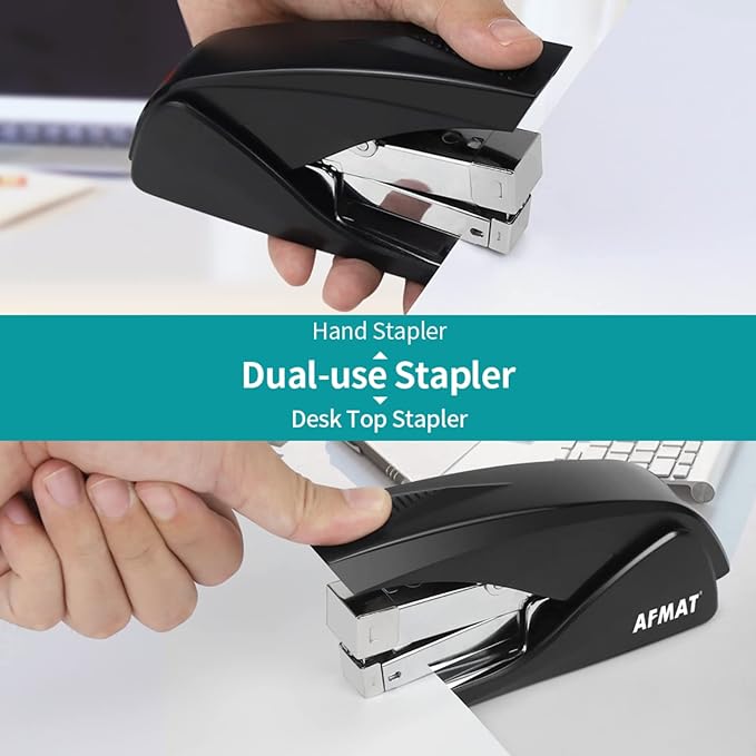 AFMAT Stapler for Desk, 50 Sheet Effortless Desktop Stapler Staple with One Finger, Portable Ergonomic Handheld Staplers Heavy Duty, Built-in Remover, Space Save Size, Good for Home & Office ES10