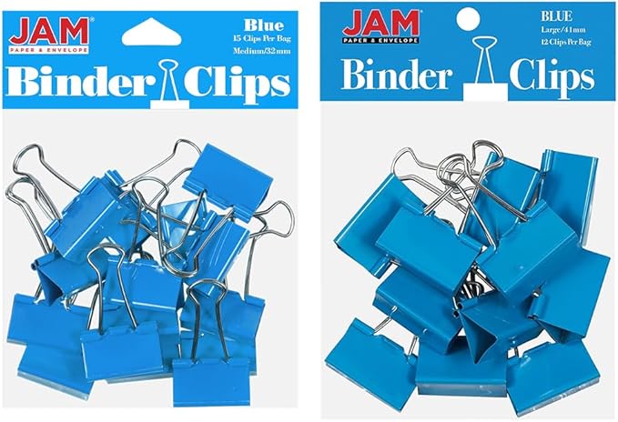 JAM PAPER Colorful Binder Clips Assortment - Medium & Large Size - Blue Binderclips - 27 Clips/Pack
