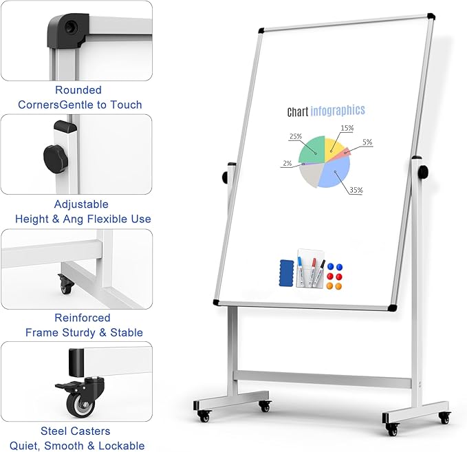 Rolling Whiteboard on Wheels, Double-Sided Magnetic Dry Erase Board with Stand, Mobile White Board for Office, Classroom, Home (32" x 48")
