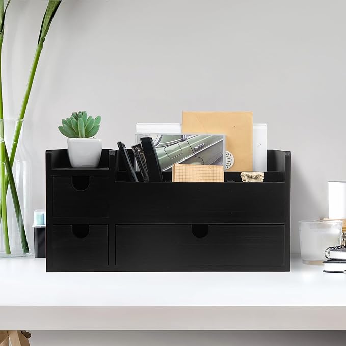 Vintage Black Wooden Desktop Organizer Removable Drawers Office Supplies Wood Storage Cabinet Caddy Box Stationery Pencil Slots Mail Holder Note Pads Accessories Home Makeup Tools Cosmetics