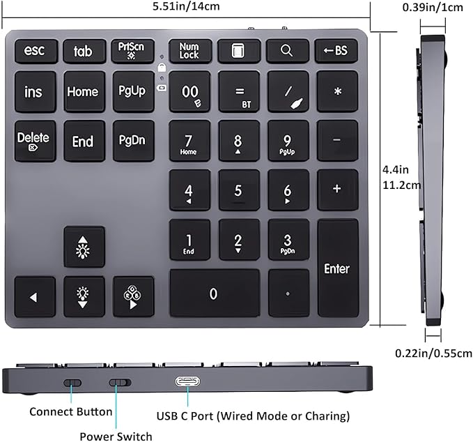 Tri-Mode Aluminum Numpad 7-Color LED Backlit, BT5.0/USB/2.4G Wireless Rechargeable Number Pad 35-Key Scissor Switches Light Up Keycaps for PC/Laptop/Win/Mac, Grey Black